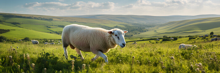 Captivating Nature's Bounty: A Ewe Grazing amidst Green Pastures on a Serene Day - obrazy, fototapety, plakaty