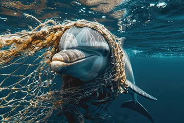 Rolgordijnen A dolphin caught in a fishing net.   © Bargais