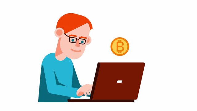 A freelancer works on their laptop, earning cryptocurrency. 2d looped animation with alpha channel