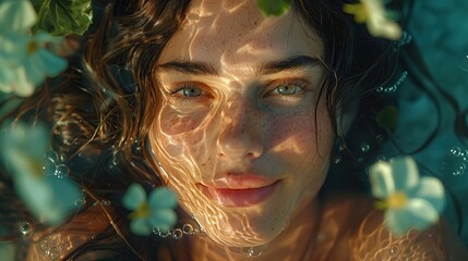 A girl with a caustic light of water hitting her face and flowers floating around her. The concept of scented skin care cream
