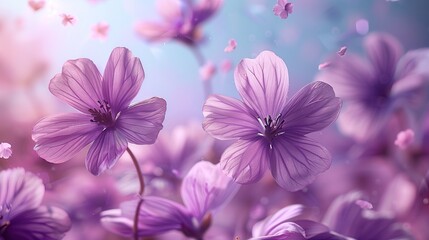 Purple petals and flowers float in the air. concept fragrant of fabric softener. - obrazy, fototapety, plakaty