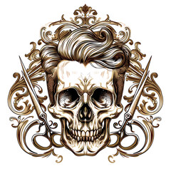 Minimalistic and elegant Skull Barber with Golden Scissors for Barbershop, Ornament. Isolated on Transparent Background