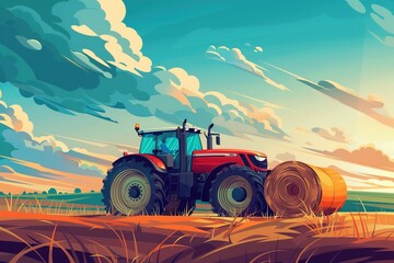 Tractor collecting grass into bales. - obrazy, fototapety, plakaty