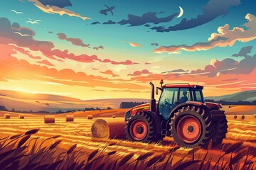 Tractor collecting grass into bales. - obrazy, fototapety, plakaty