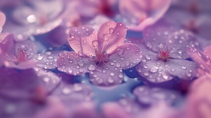 Purple petals and flowers float on the surface of the clear water. Fabric softener fragrance concept