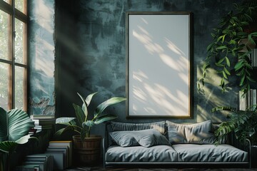 Empty photo frame for mockup in living room. 3D rendering.