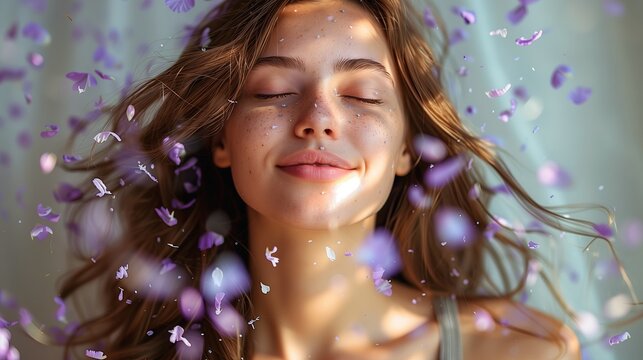 beautiful young woman with purple flowers and petals floating around her the concept of a scented fabric softener.