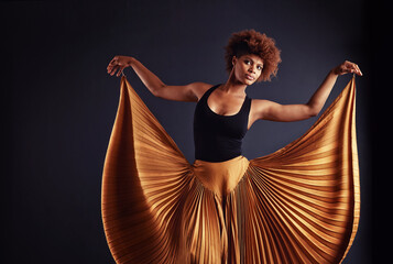 Performance, theatre and portrait of black woman dancing, creative and art of body, moving and...