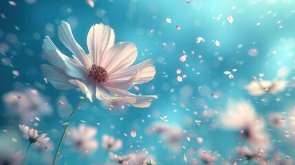 White petals and flowers float in the air. concept fragrant of fabric softener. - obrazy, fototapety, plakaty