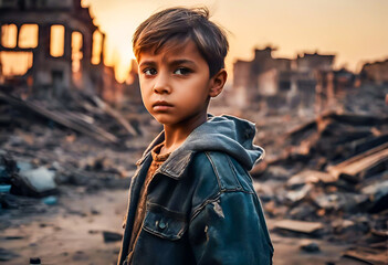 Orphaned child boy standing in front of collapse buildings area, natural disaster or war victim, sorrow scenery idea for support children's right  - obrazy, fototapety, plakaty