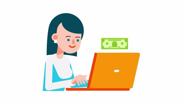 A woman is seated at a desk, typing on her laptop and earn money online. 2d looped animation with alpha channel