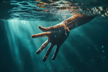 Hand reaching out for help underwater. - obrazy, fototapety, plakaty