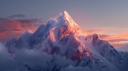 The last rays of sunlight cast a radiant alpenglow on the impressive snow-capped peaks, symbolizing...