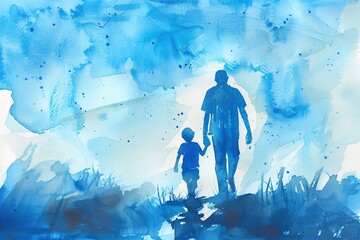 Blue Father day oriented background, watercolor painting. - obrazy, fototapety, plakaty