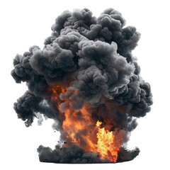 burning fire explosion in a war, bomb explosion, blast, and smoke cloud, on a transparent background PNG