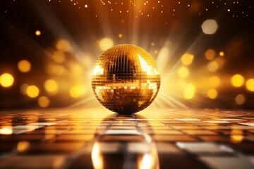 Golden disco ball on sparkling background with copy space for text, festive party concept