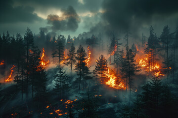 Forest fire. Raging fire devouring the night forest - obrazy, fototapety, plakaty