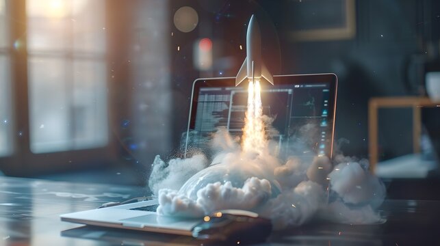 Ethereal laptop with rocket launch, innovation and technology theme, perfect for tech startups. Ideal for digital art and virtual concepts. AI