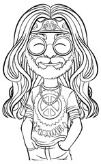 Black and white drawing of a smiling hippie.