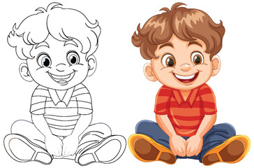 Illustration of a cheerful boy sitting, colored and outlined.