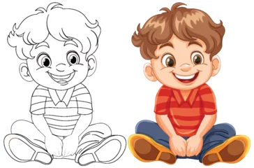 Photo sur Plexiglas Enfants Illustration of a cheerful boy sitting, colored and outlined.