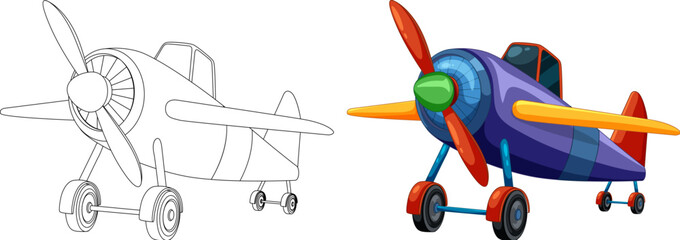 Illustration of an airplane, from outline to color