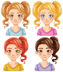 Four cartoon girls with different hairstyles and colors