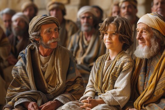 Jesus Christ as boy sitting with Jewish priests in a synagogue.