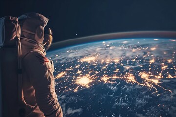 An astronaut in space looks at the earth, copy space for text. Science and technology concept. Cosmonautics Day, National Astronaut Day.  - obrazy, fototapety, plakaty