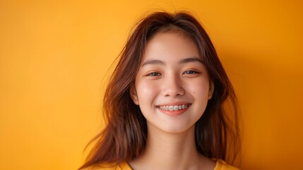 Asian girl smiling with braces on an orange plain background, copy space for text. Concept health. Advertising dentistry, orthodontic services.  - obrazy, fototapety, plakaty