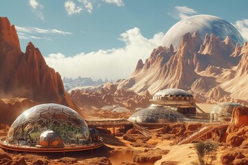 Martian settlement with dome-shaped structures and greenhouse areas for growing plants. People populate new planets. Science and technology concept. View of a sci-fi - obrazy, fototapety, plakaty