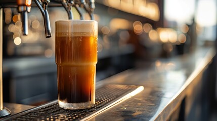 Nitro cold brew coffee is saturated with nitrogen at a nitrogen station on the bar counter. Copy space for text. Cold drinks concept.  - obrazy, fototapety, plakaty