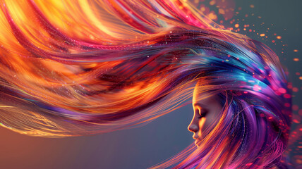 A dynamic, swirling hairstyle with embedded, color-changing fiber optics, creating a vivid display on a subdued background