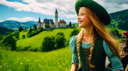 girl dressed in green in the middle of a medieval landscape with a forndo castle in the middle of a green field - Powered by Adobe