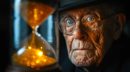 Fotobehang old man watching worriedly as time passes in a golden hourglass © ELVIZZ