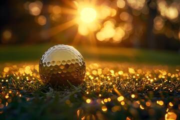Fototapeta na wymiar The golden golf ball lies on the lawn at sunset - the ultimate victory of golf