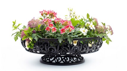 potted flowers on decorative openworked black stand. isolated on white background  ,Generative ai,  - obrazy, fototapety, plakaty