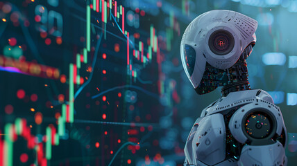 In front of a backdrop of fluctuating stock market data, an AI robot contemplates complex financial landscapes, embodying the new era of algorithmic trading and data analysis