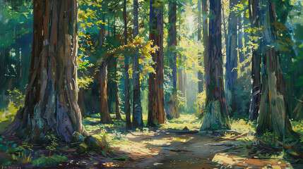 This magical image showcases a dense forest with sunbeams piercing through the tall trees creating a mystic atmosphere