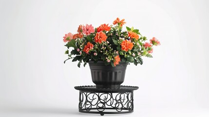 potted flowers on decorative openworked black stand. isolated on white background  ,Generative ai, 