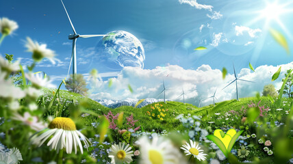 Celebrating Earth Day with a collage of renewable energy sources, wind, solar, green tech