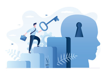 Unlock new skill concept. Businessman with key climbing up to big head with keyhole. Skills improvement and development. Unlock true potential or motivation to set new mindset,
