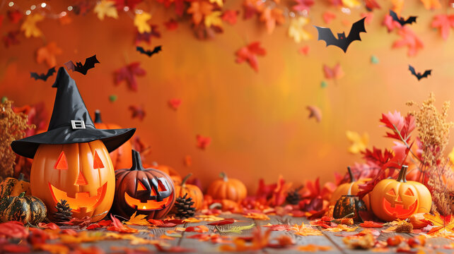Festive Halloween party backdrop, photo collage of costumes, pumpkins, and autumn leaves