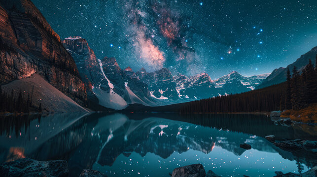An awe-inspiring image of a crystal clear mountain lake reflecting the majestic night sky filled with stars and galaxies