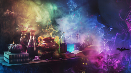 Halloween collage of magical potions, spell books, and cauldrons on a mystical background - obrazy, fototapety, plakaty