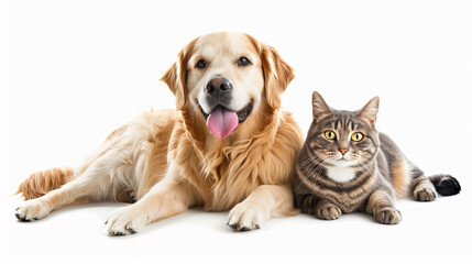 Friendly Dog and Cat Together on White Background
