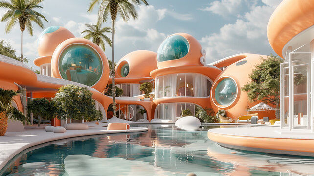 Nestled among palm trees, this image presents a visionary take on luxury living with spherical, peach-colored pod homes by a tranquil pool, encapsulating a futuristic vacation oasis