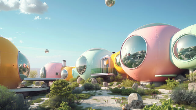 A harmonious blend of nature and futuristic living, this image features colorful pod homes in a serene, landscaped environment, envisioning a utopian future of sustainable habitation