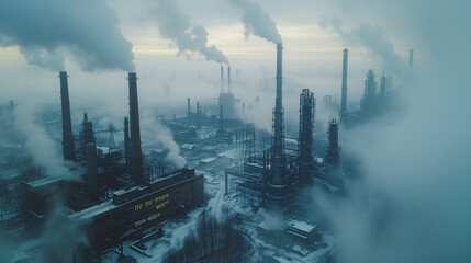 factory with smoking chimneys industrial landscape - obrazy, fototapety, plakaty