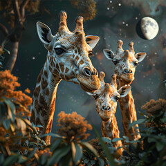Giraffes with telescopic necks observing distant planets in the night sky, a fusion of the natural world's wonders and astronomical exploration